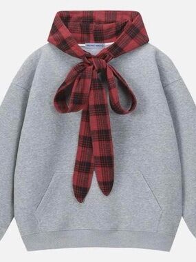 Aelfric Eden Gray Hoodie with Red Plaid Bow Accent